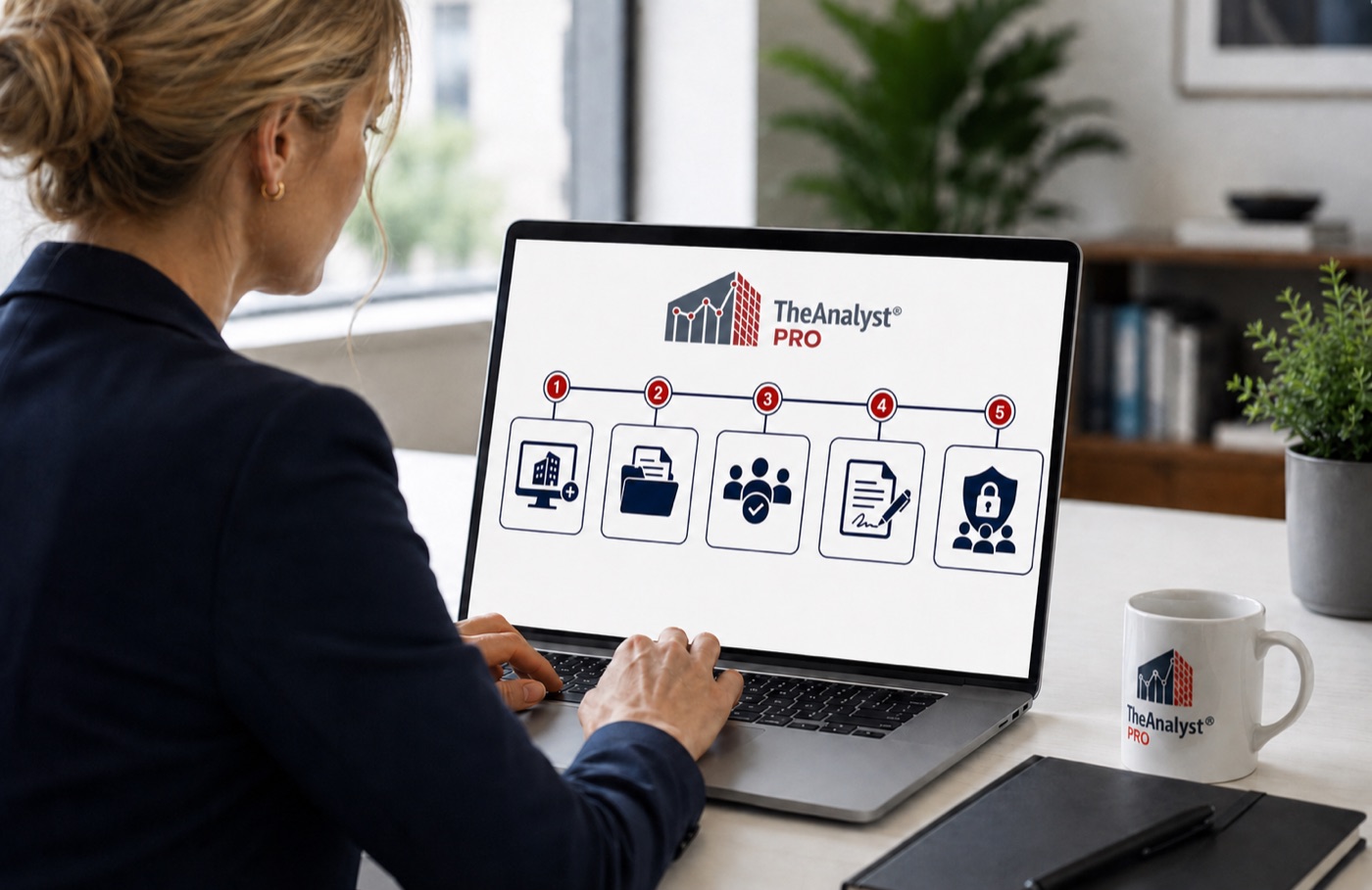 A commercial real estate professional reviewing TheAnalyst PRO's five-stage deal workflow on a laptop